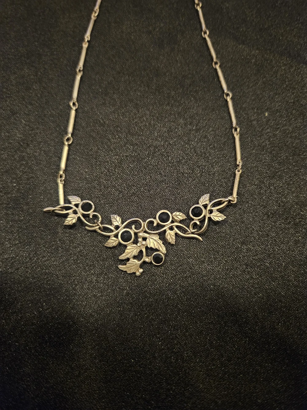 Silver-Tone Leaf Vine Necklace with Black Accents